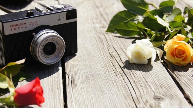 Vintage Camera with Roses — Black