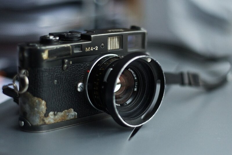 vintage camera with worn leather