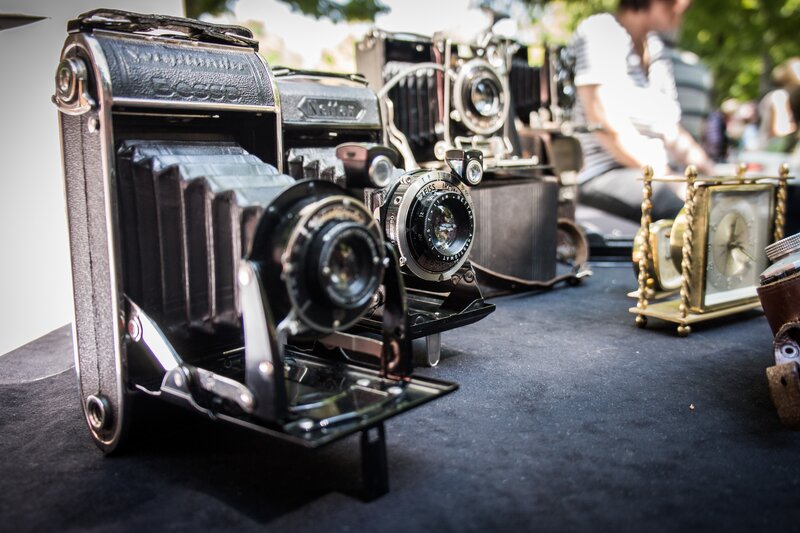 Vintage Cameras on Display — Black, Calm