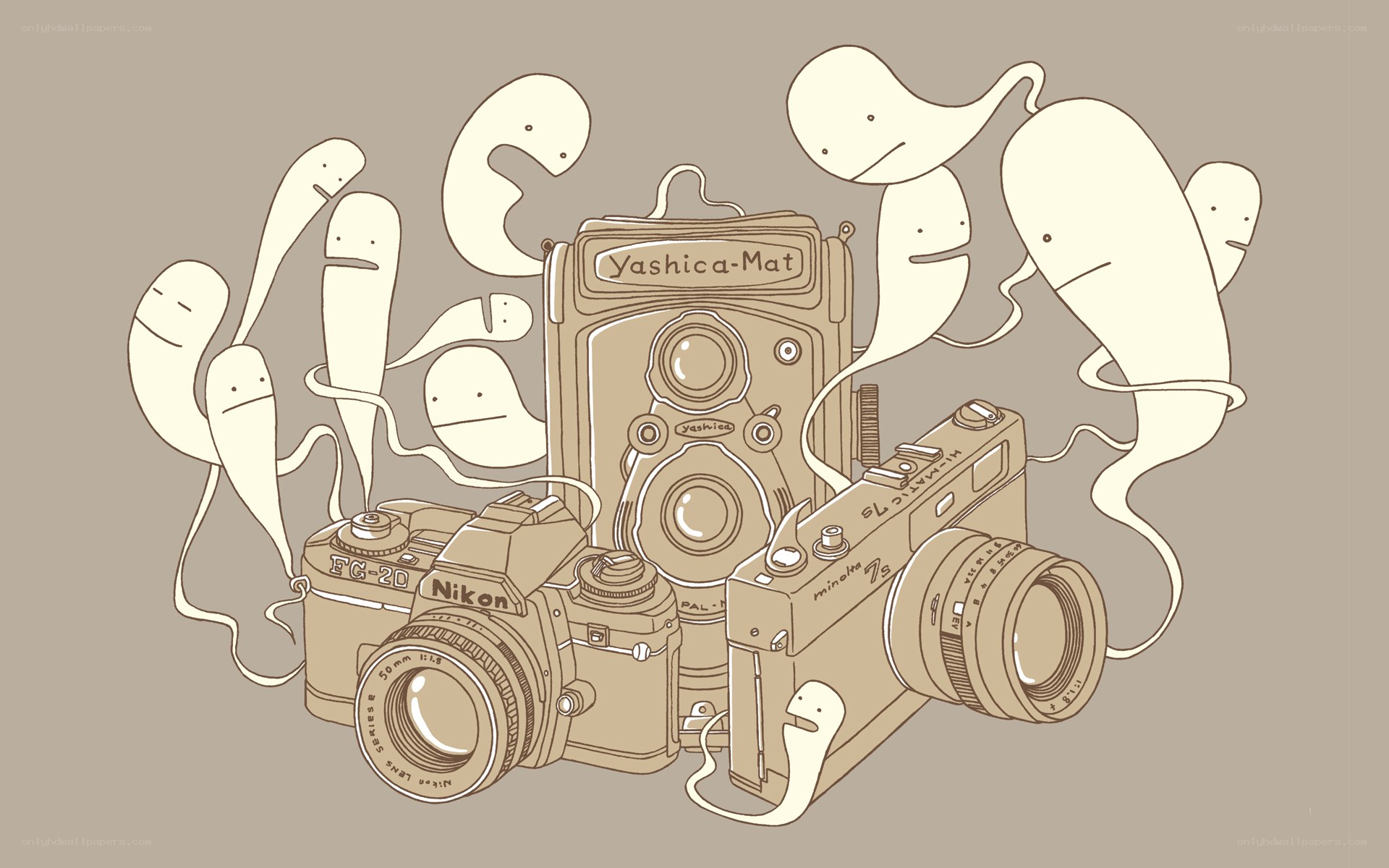 Vintage cameras with whimsical creatures