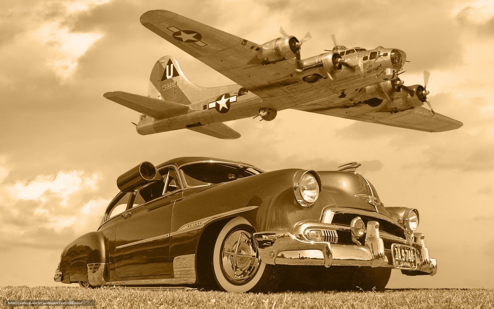 Vintage car and bomber plane