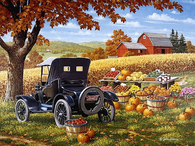 Vintage Car at Farm Stand — Orange