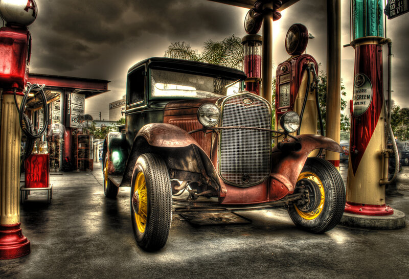 Vintage Car at Gas Station — Red