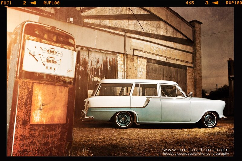 vintage car at old gas station