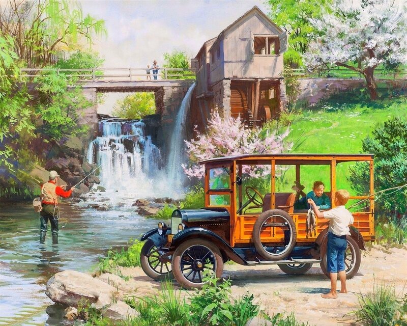 Vintage Car by Waterfall — Green