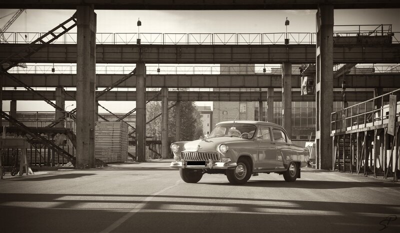 Vintage car in industrial setting