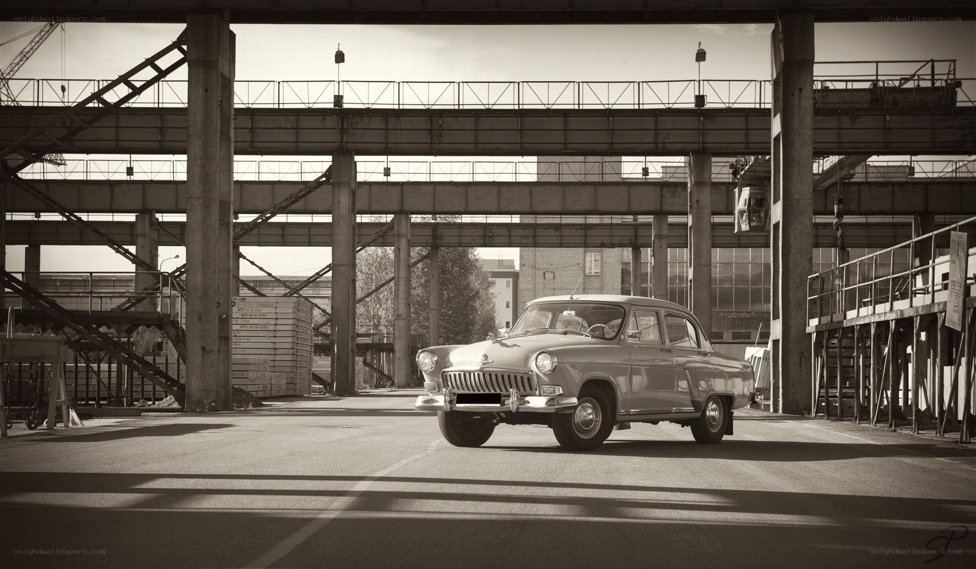 Vintage car in industrial setting