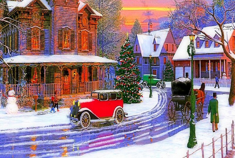 Vintage Car in Snow — Red, Festive