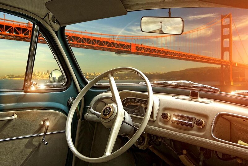 Vintage car interior with Golden Gate Bridge