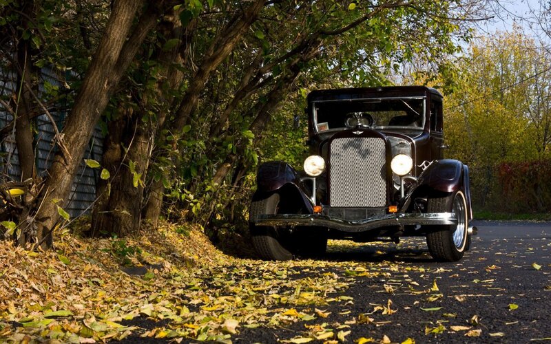 Vintage car on a leafy road