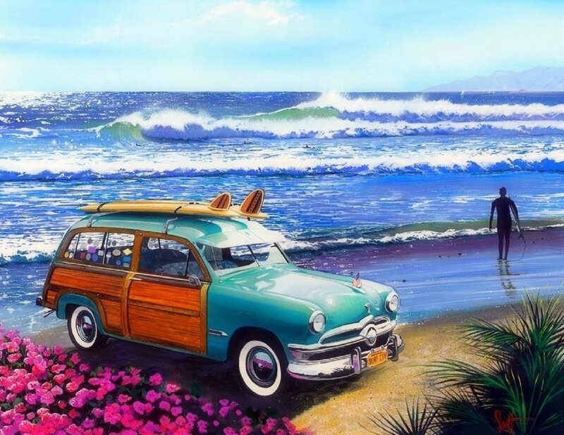 Vintage Car on Beach — Blue