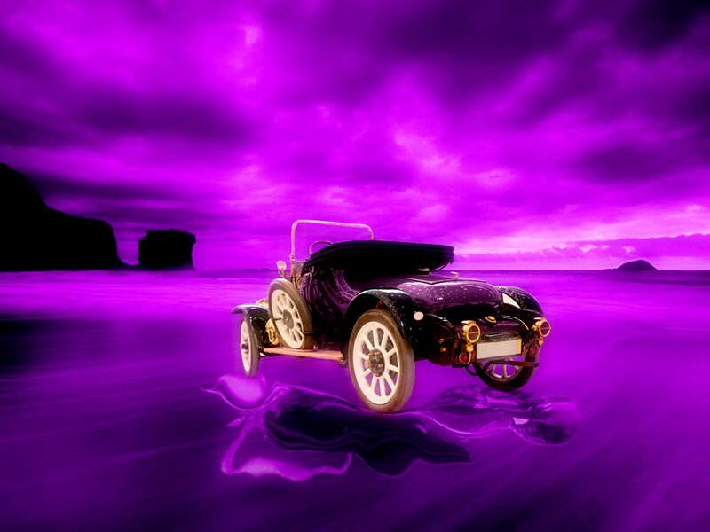 Vintage Car on Beach — Purple