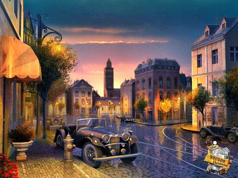 Vintage Car on Cobblestone Street — Purple