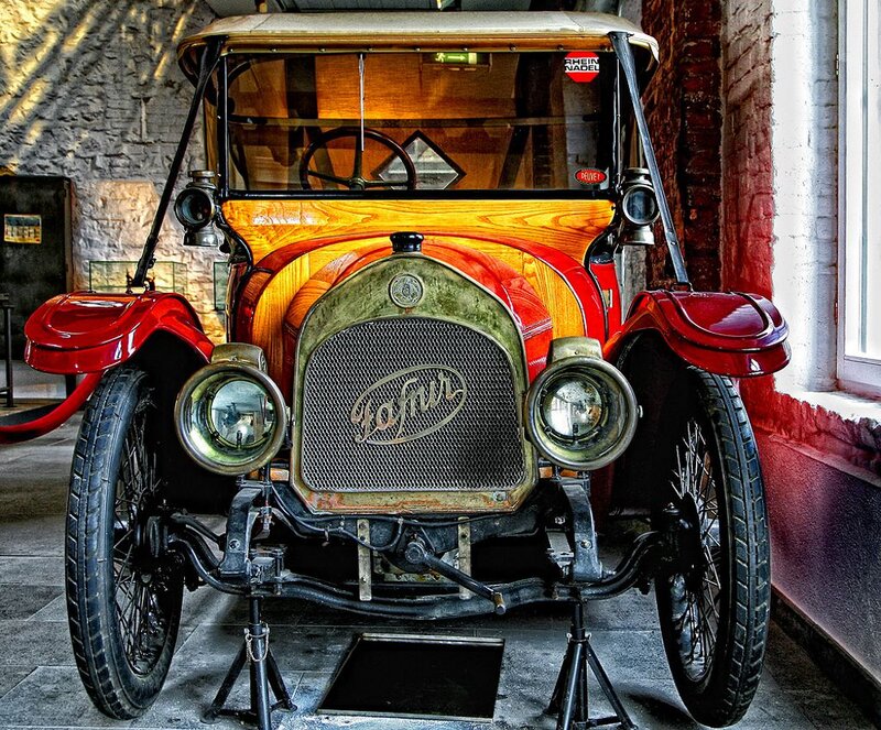 Vintage Car on Display — Red, Dramatic
