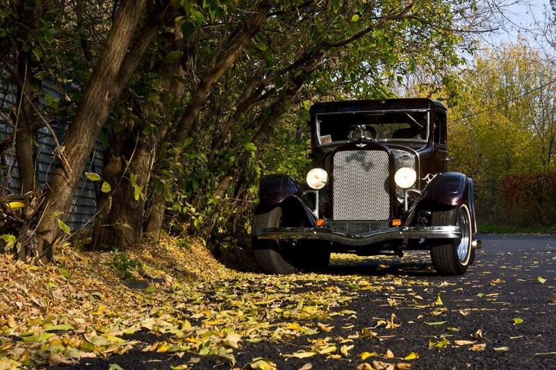 Vintage Car on Road — Black, Serene, Autumn, Photograph