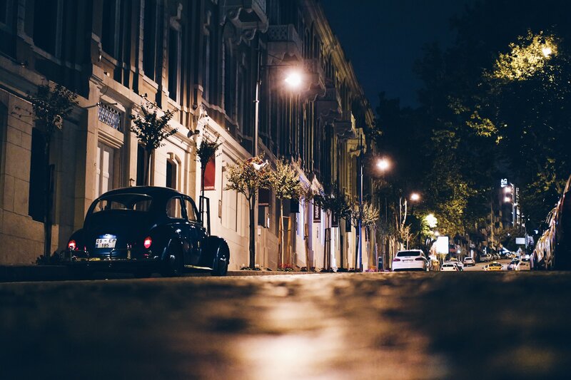 Vintage Car on Street — Black, Calm, Night
