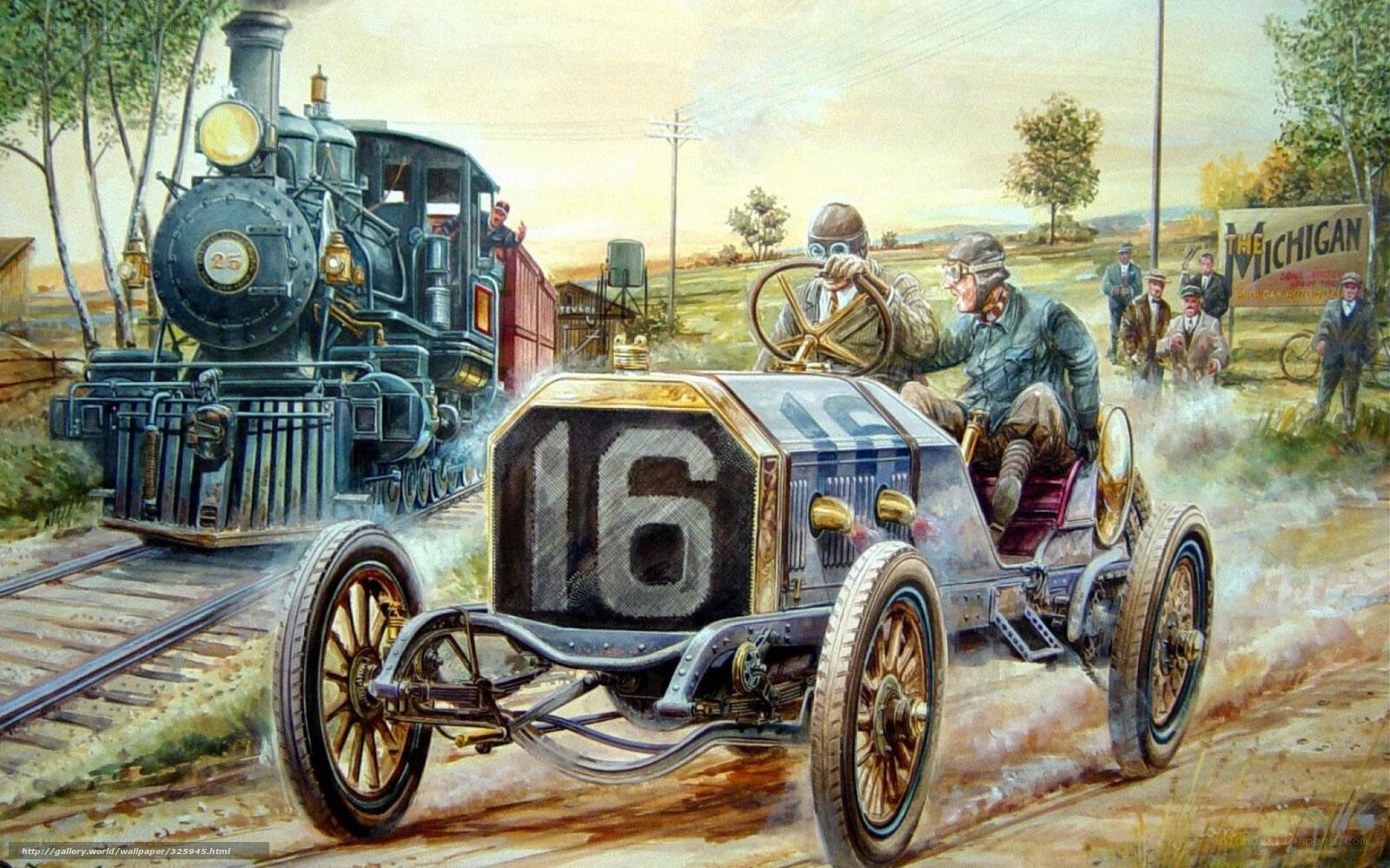 Vintage car race with train