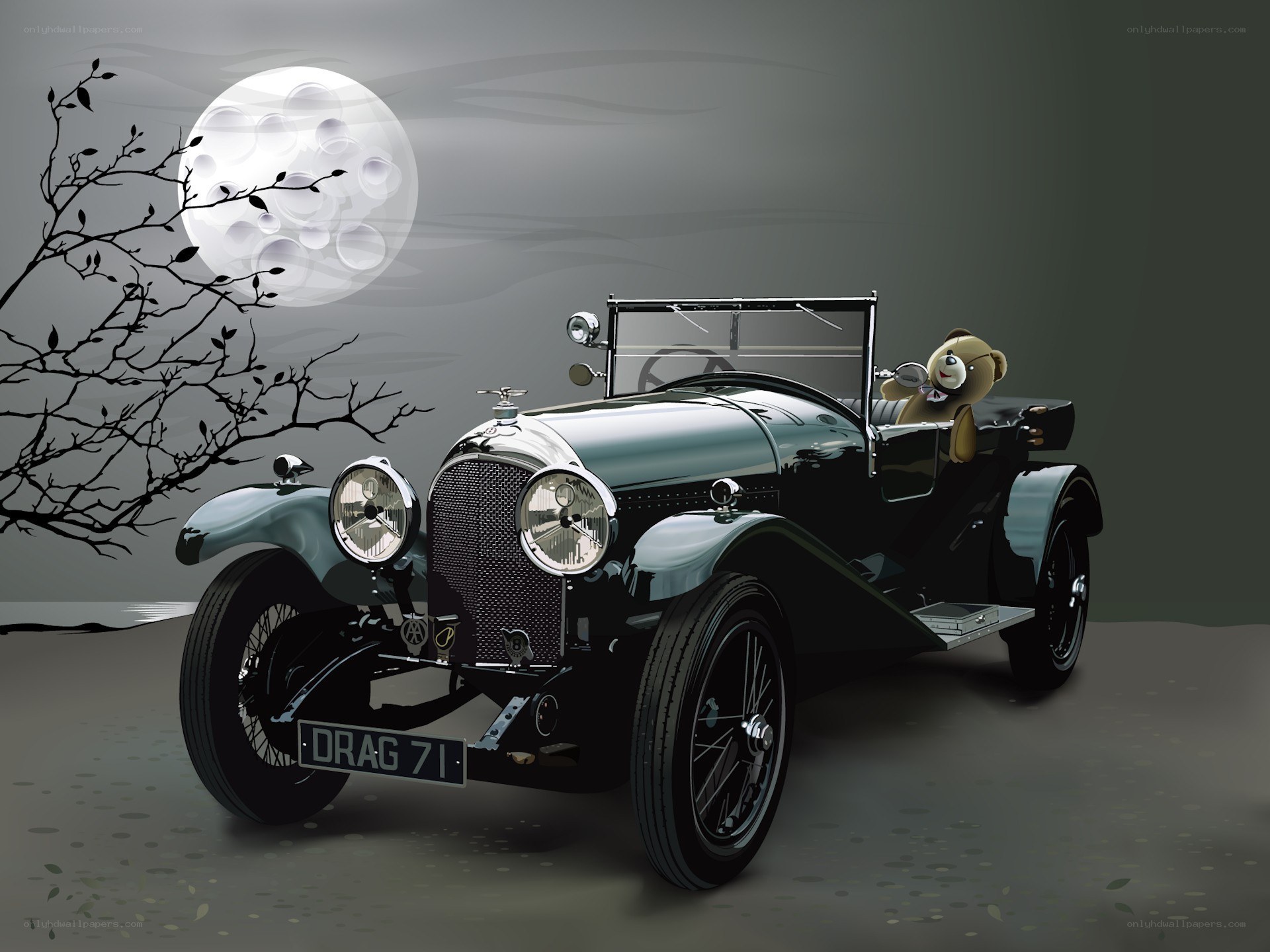 Vintage car under moonlight
