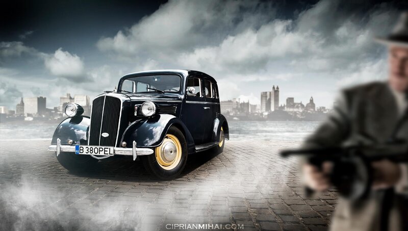 Vintage car with man holding gun