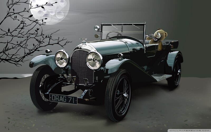 Vintage Car with Teddy Bear — Black, Dramatic, Night, Digital Art, Teddy Bear