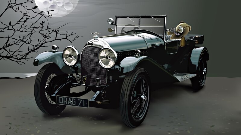 Vintage Car with Teddy Bear — Black, Dramatic, Night