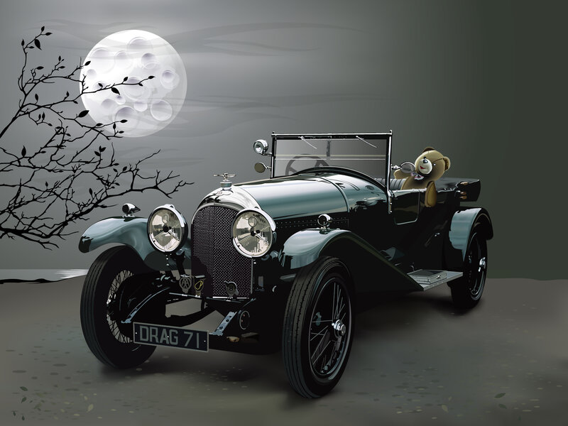 Vintage Car with Teddy Bear — Black, Dramatic
