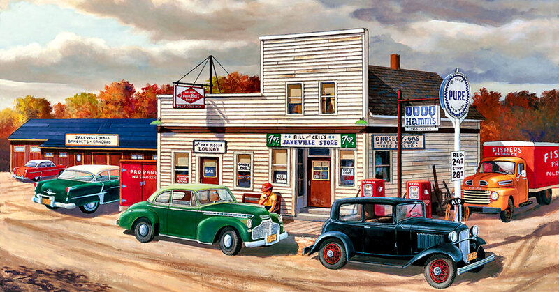 Vintage Cars at Gas Station — Green