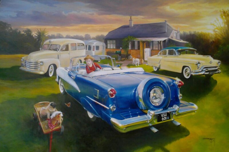 Vintage cars in a suburban yard