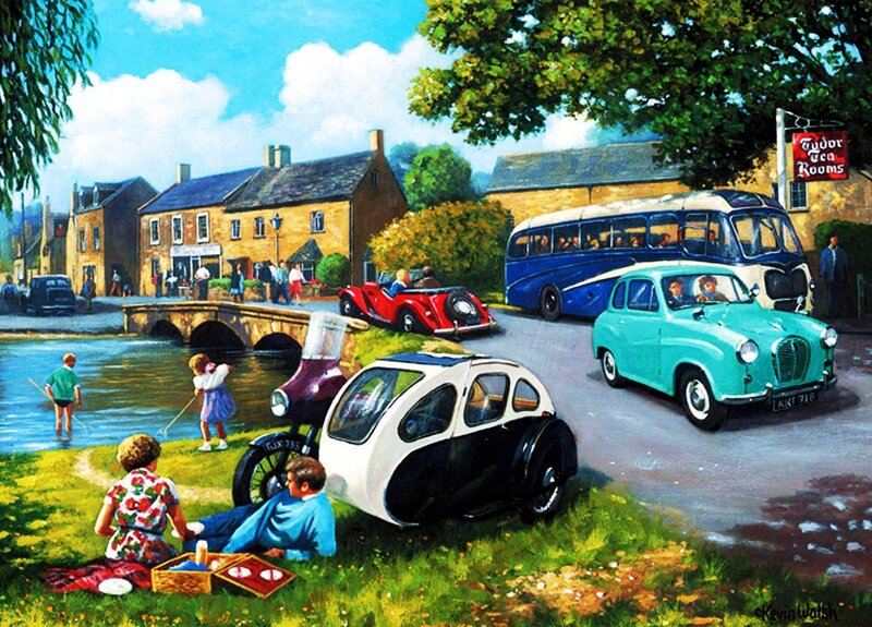 Vintage Cars in Village — Blue, Peaceful