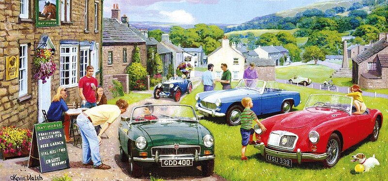 Vintage Cars in Village — Green, Cheerful