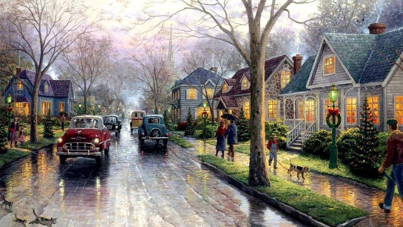 Vintage Cars on Wet Street — Green