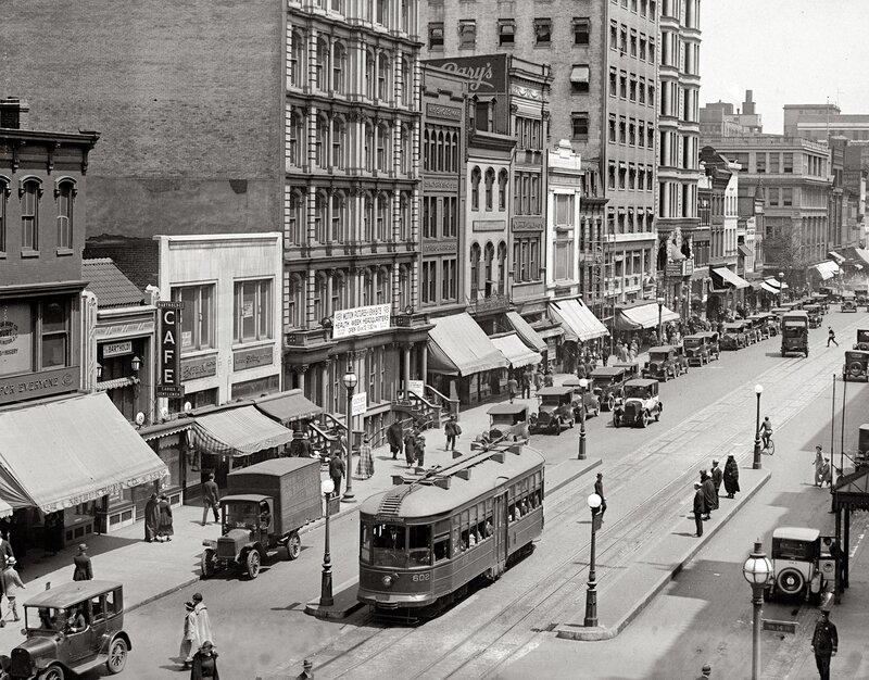 Vintage city street with trolley