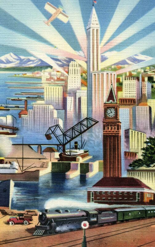 Vintage cityscape with transportation