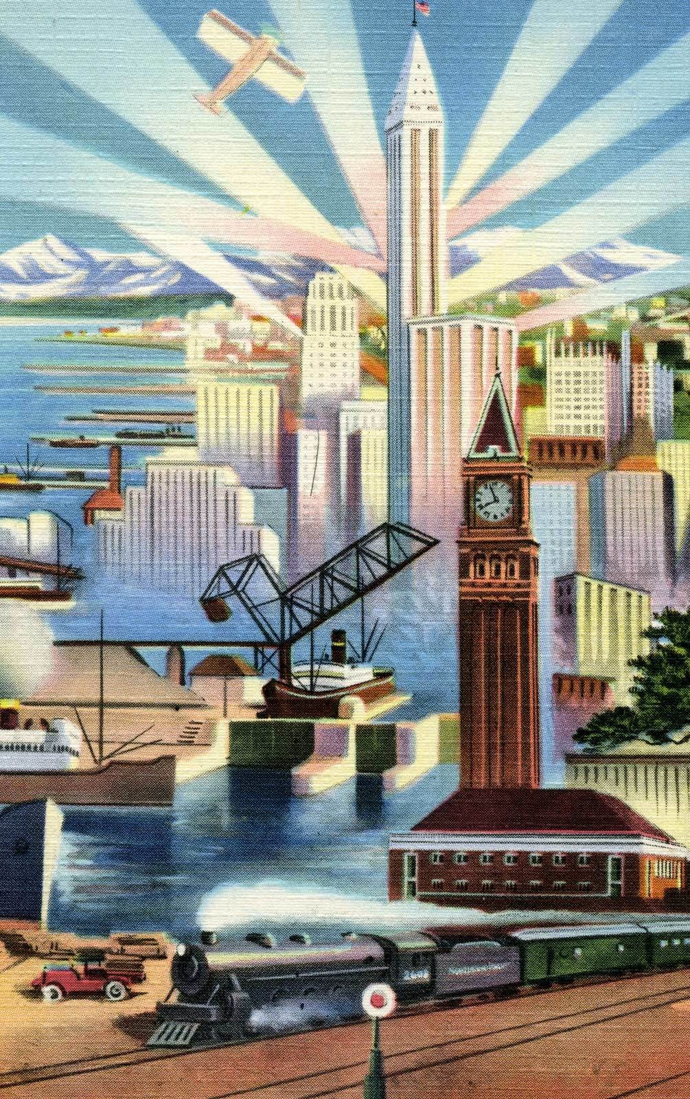 Vintage cityscape with transportation