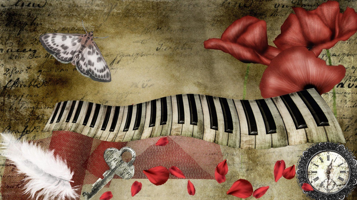 Vintage collage with piano keys