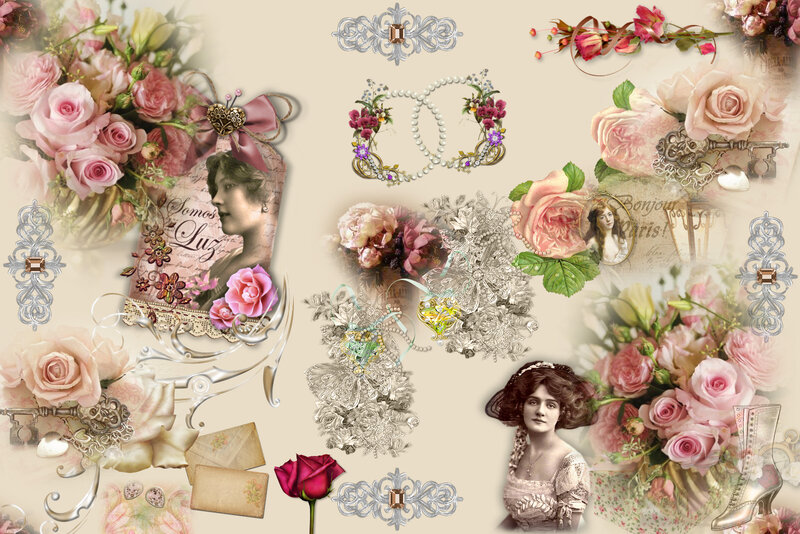 Vintage Collage with Roses — Pink