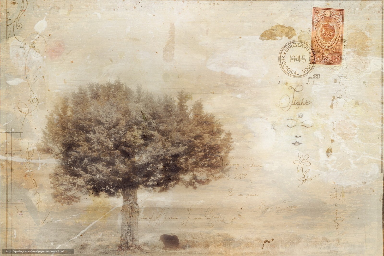 Vintage collage with tree and postmark