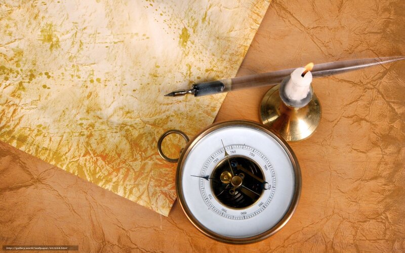 Vintage compass and quill on map