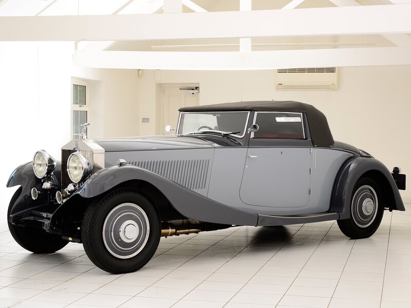 Vintage Convertible Car — Gray, Serene, Photograph, Tiled Floor