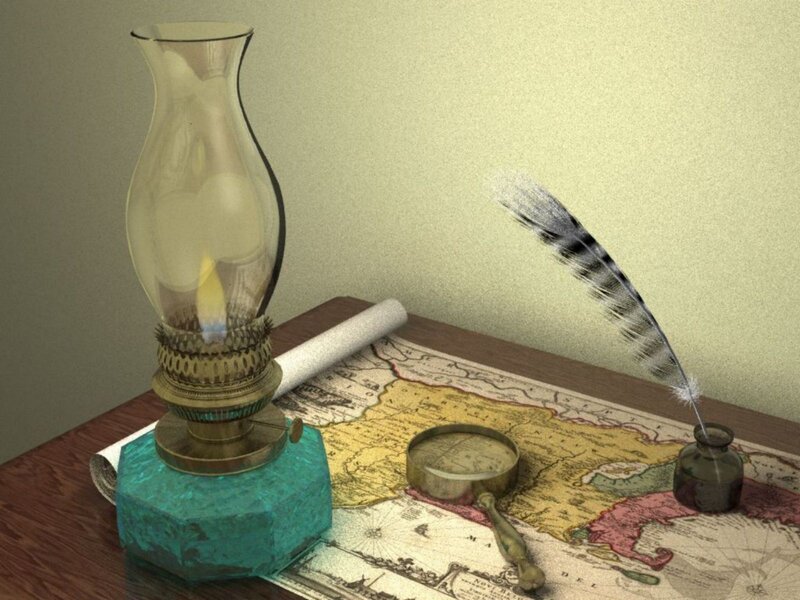 Vintage desk with oil lamp