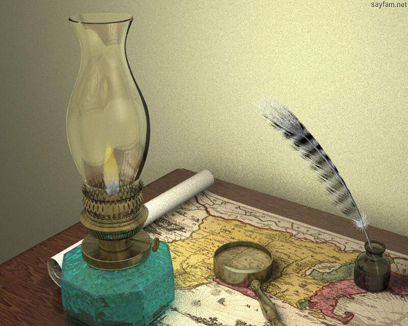 Vintage desk with oil lamp