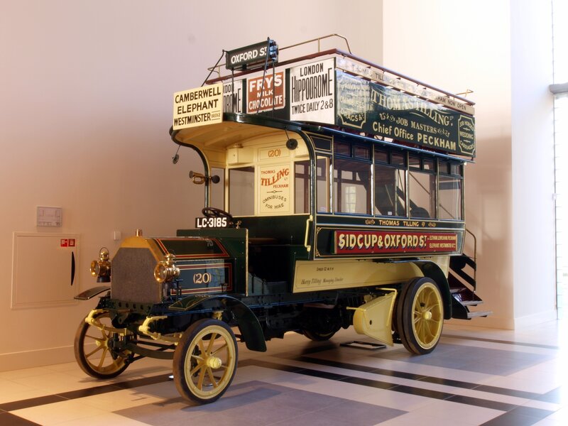 Vintage double-decker bus on display