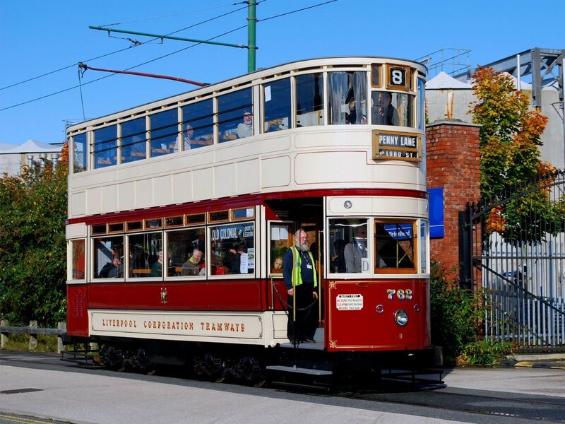 Vintage double-decker tram in Liverpool