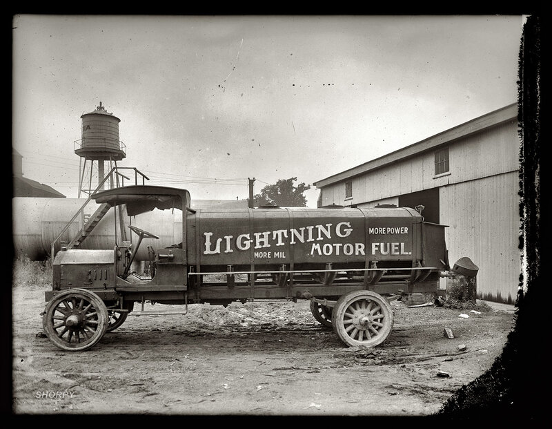 Vintage fuel truck with Lightning branding