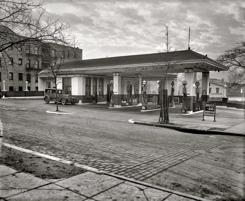 Vintage gas station in urban setting