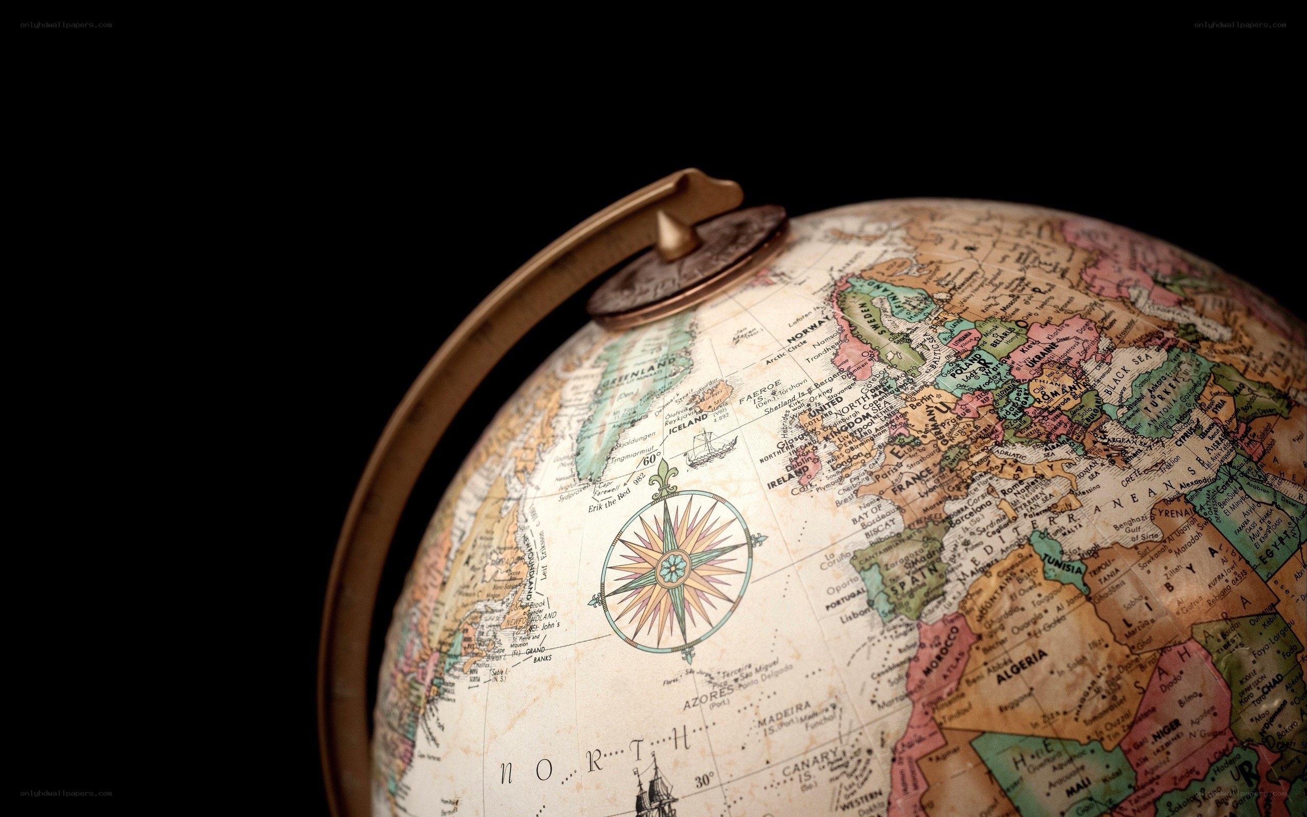 vintage globe with compass rose
