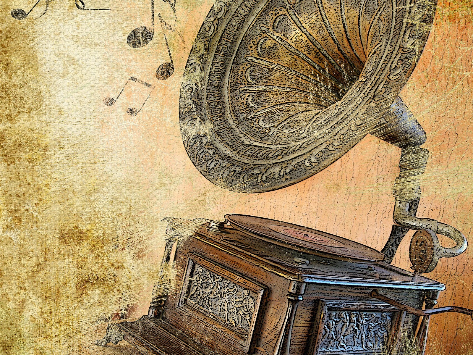 Vintage gramophone with music notes