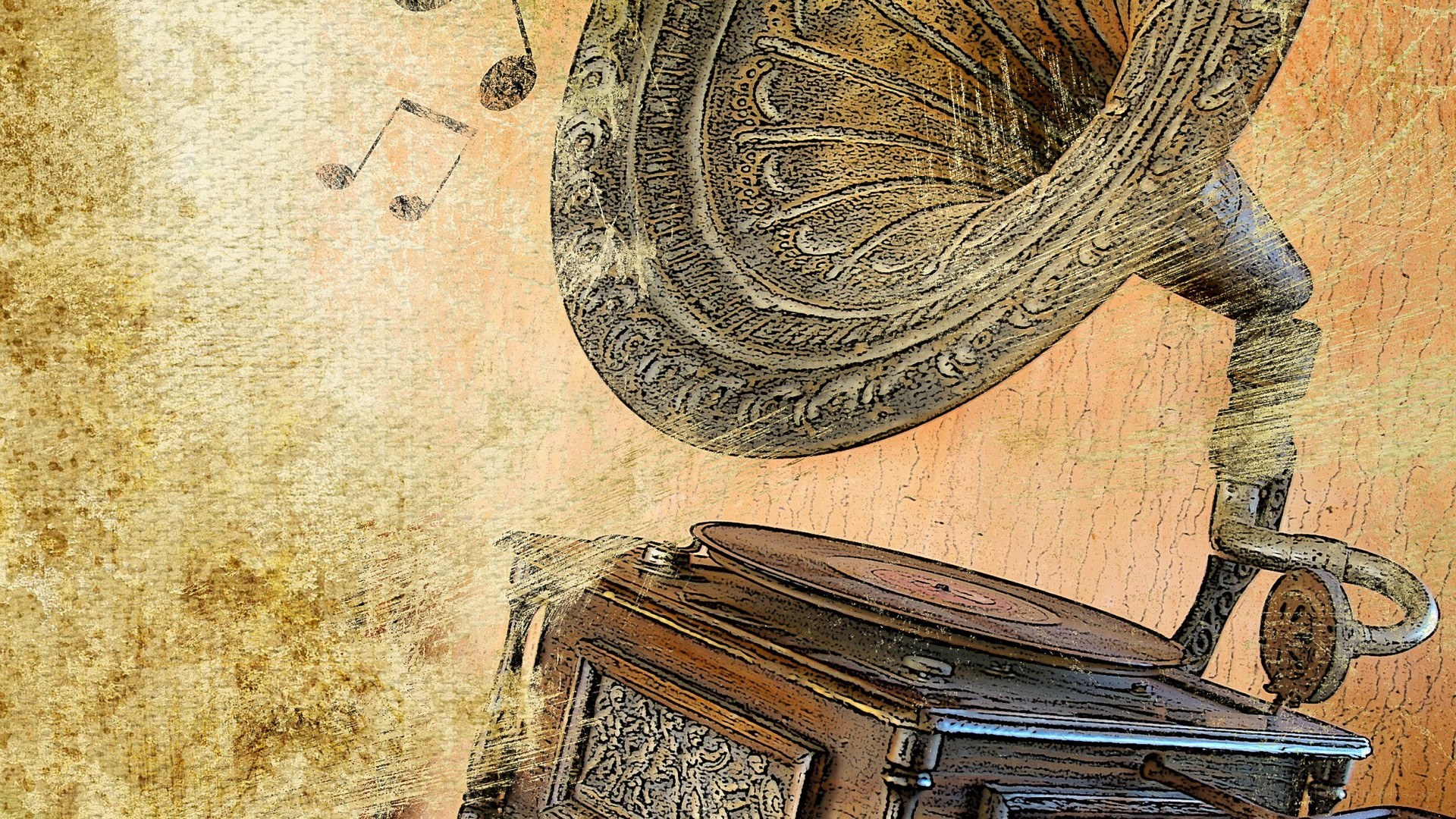 Vintage gramophone with music notes