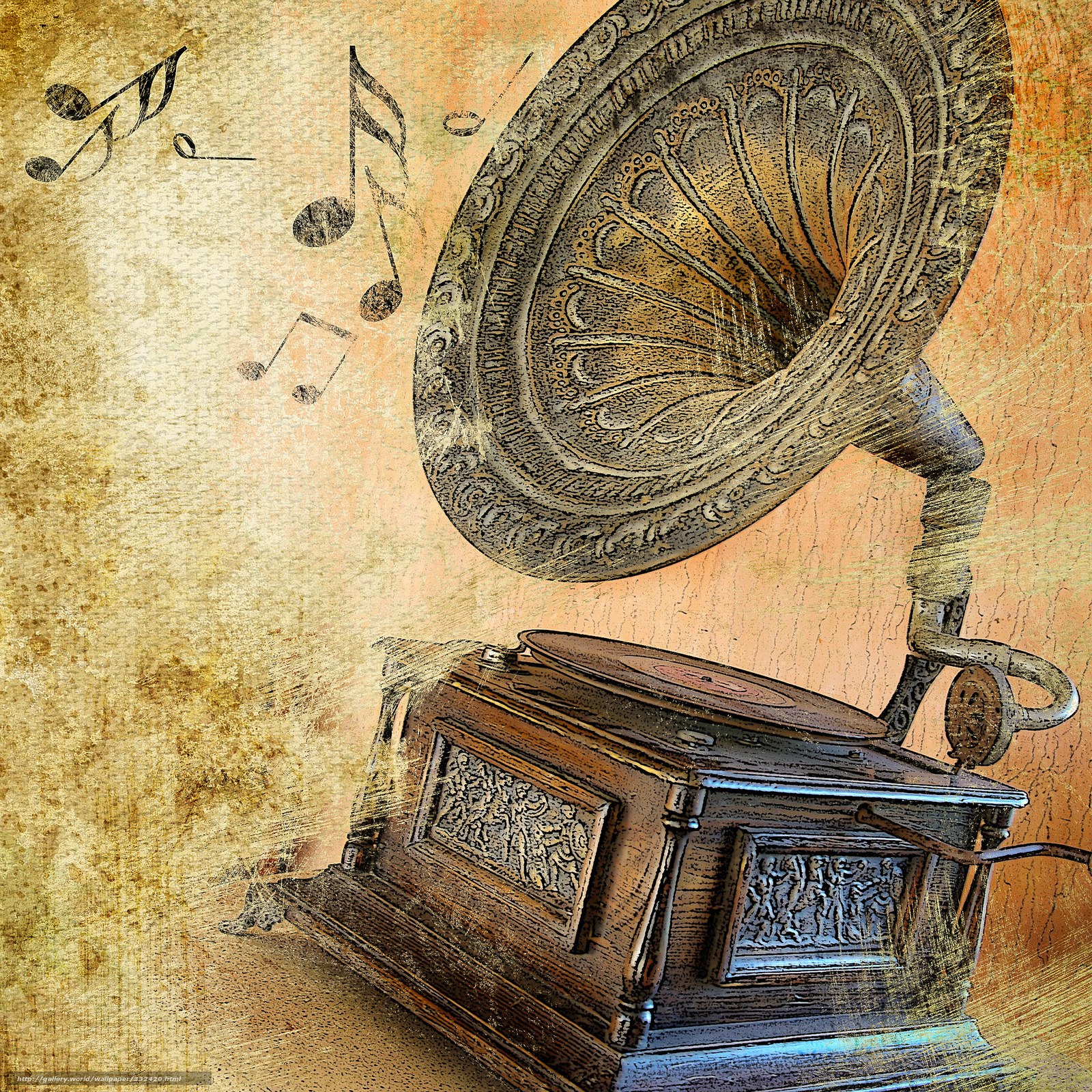 Vintage gramophone with music notes