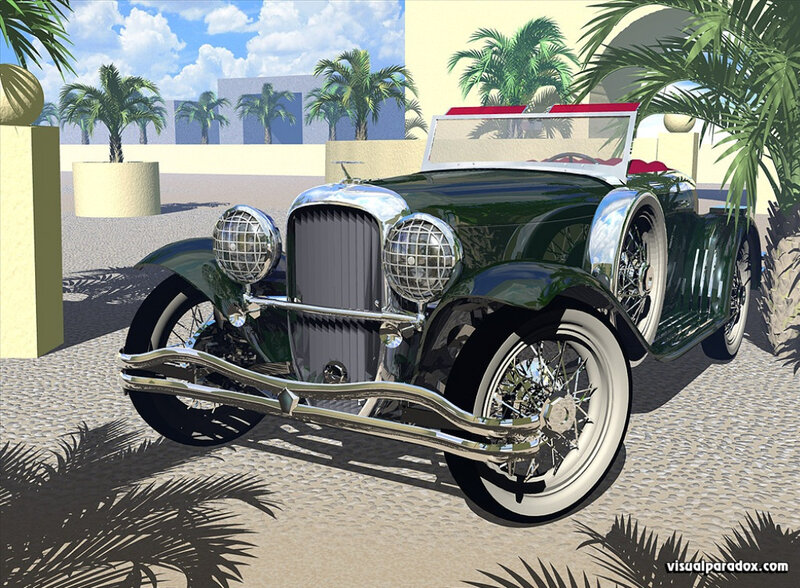 Vintage green car in tropical setting